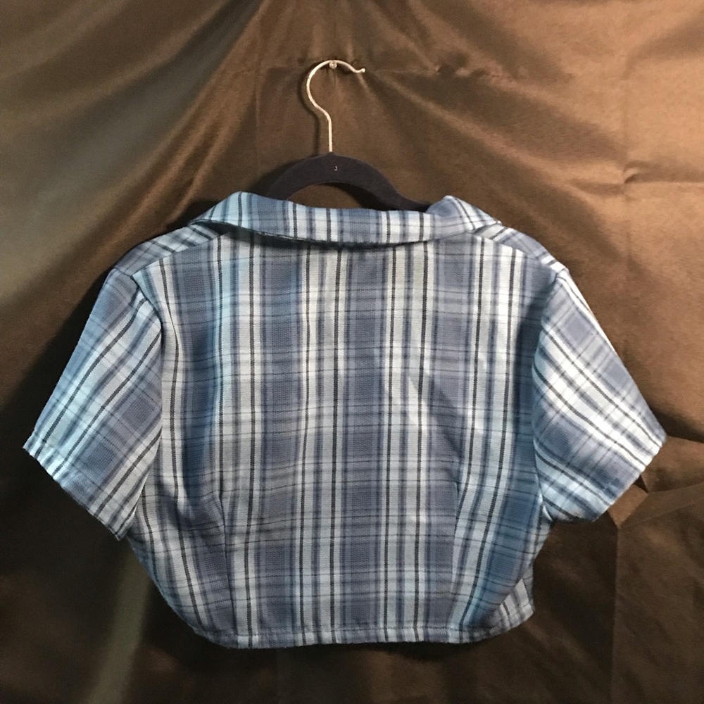 Y2K Inspired Blue Plaid Cropped Button Front Shirt Sz XL - Picture 2 of 2